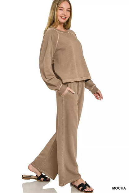 Zenana Washed F/terry Round Neck Pullover & Pants Set - Bitsy Gypsy Boutique