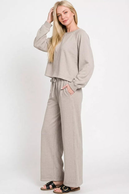 Zenana Washed F/terry Round Neck Pullover & Pants Set - Bitsy Gypsy Boutique