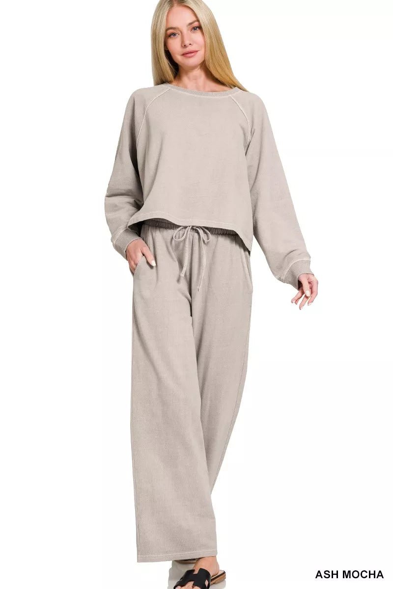 Zenana Washed F/terry Round Neck Pullover & Pants Set - Bitsy Gypsy Boutique