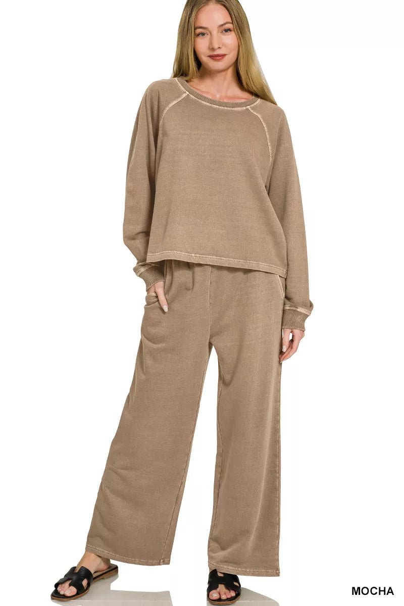 Zenana Washed F/terry Round Neck Pullover & Pants Set - Bitsy Gypsy Boutique