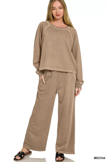 Zenana Washed F/terry Round Neck Pullover & Pants Set - Bitsy Gypsy Boutique