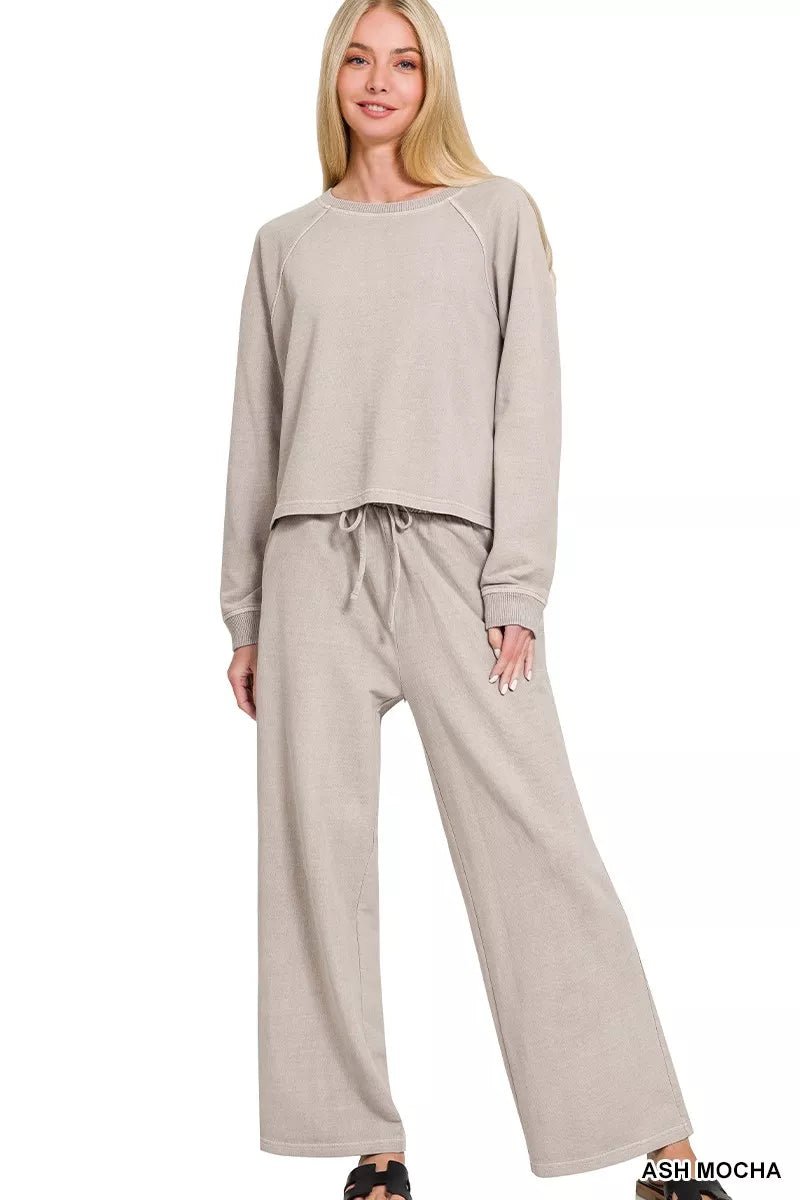 Zenana Washed F/terry Round Neck Pullover & Pants Set - Bitsy Gypsy Boutique