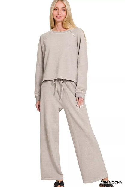 Zenana Washed F/terry Round Neck Pullover & Pants Set - Bitsy Gypsy Boutique