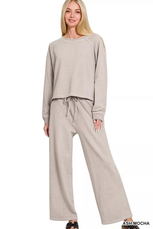 Zenana Washed F/terry Round Neck Pullover & Pants Set - Bitsy Gypsy Boutique