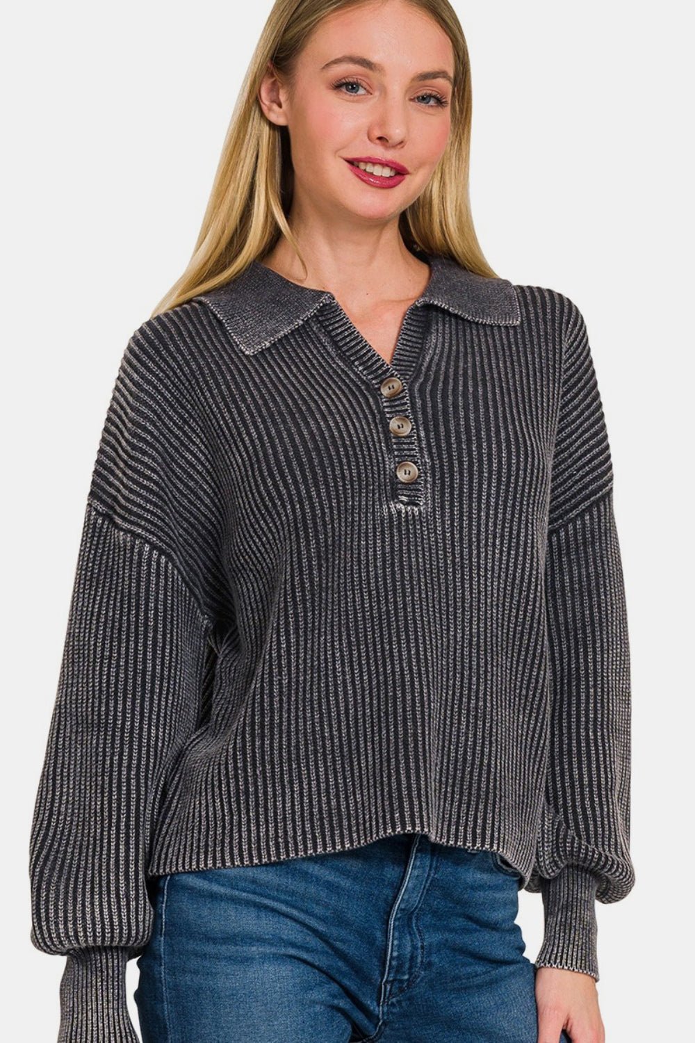 Zenana Washed Half Button Long Sleeve Sweater - Bitsy Gypsy Boutique