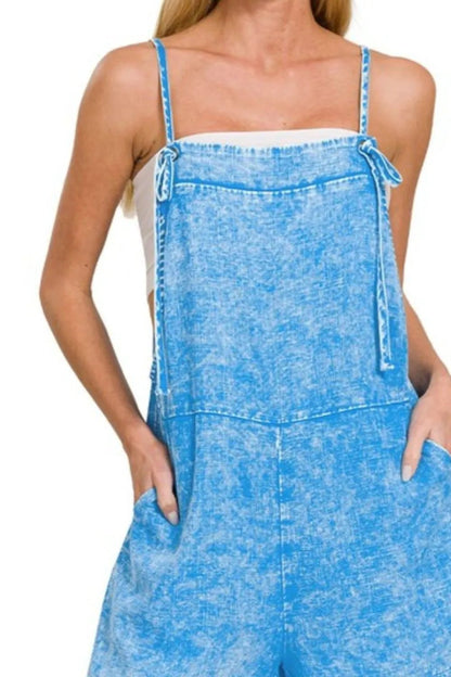 Zenana Washed Linen Knot Strap Rompers - Bitsy Gypsy Boutique