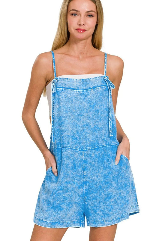 Zenana Washed Linen Knot Strap Rompers - Bitsy Gypsy Boutique