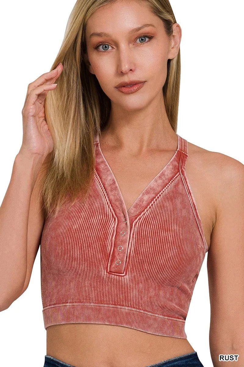 Zenana Washed Ribbed Seamless Button V - neck Tank Top - Bitsy Gypsy Boutique