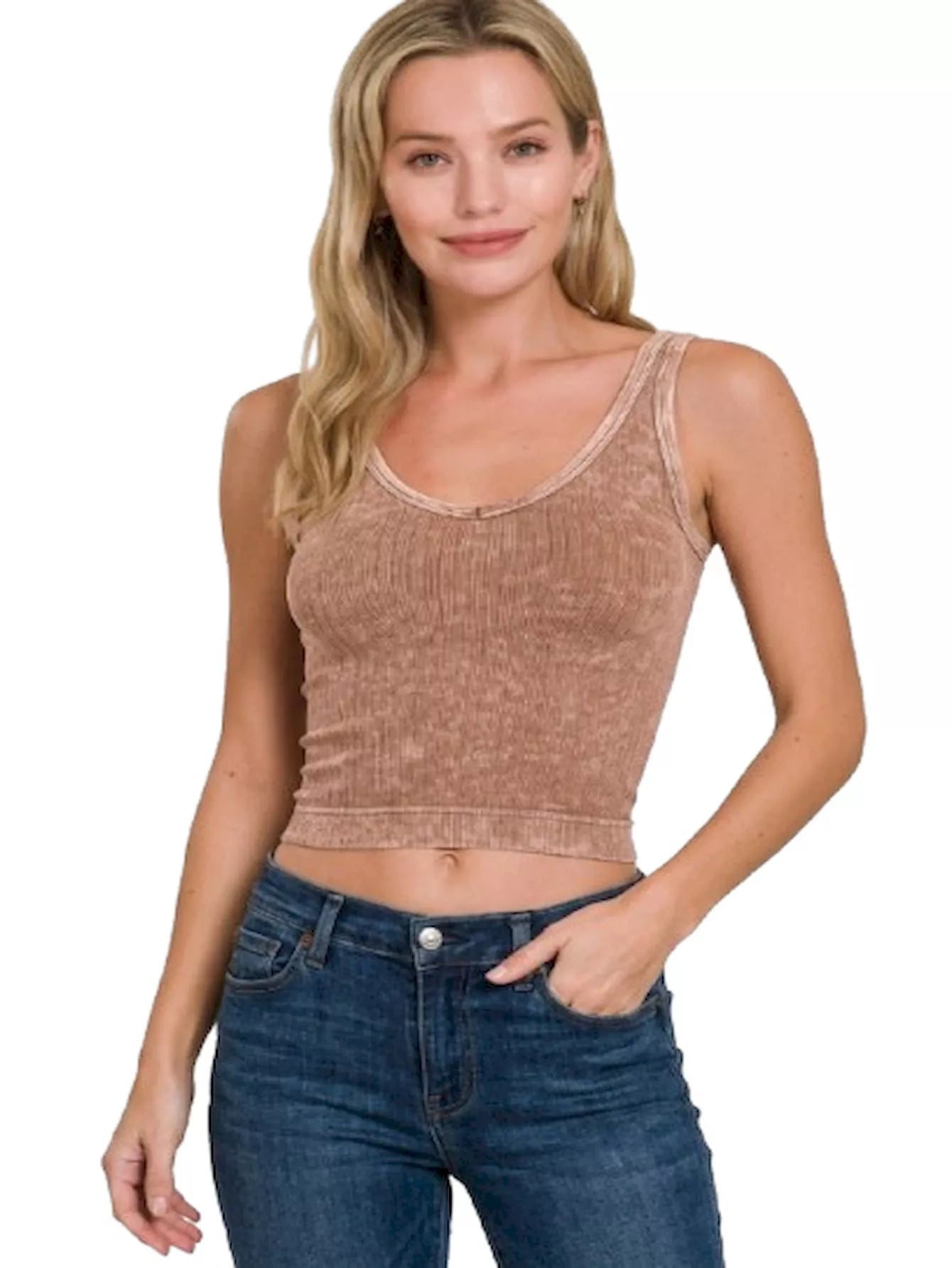 Zenana Washed Ribbed Seamless Cropped V - neck Tank Top - Bitsy Gypsy Boutique