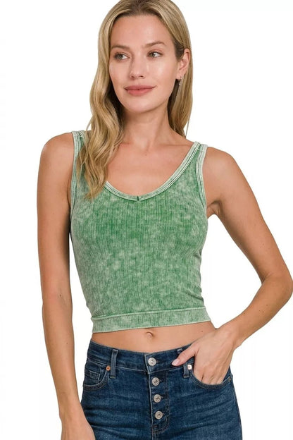 Zenana Washed Ribbed Seamless Cropped V - neck Tank Top - Bitsy Gypsy Boutique