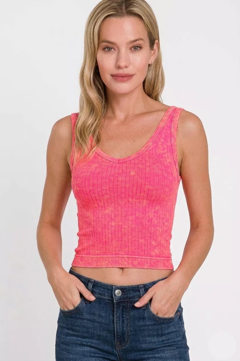 Zenana Washed Ribbed Seamless Cropped V - neck Tank Top - Bitsy Gypsy Boutique