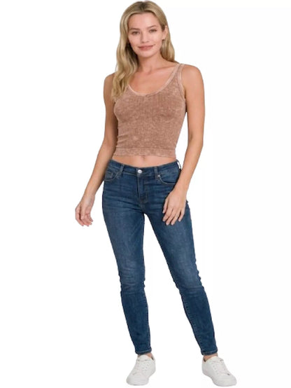 Zenana Washed Ribbed Seamless Cropped V - neck Tank Top - Bitsy Gypsy Boutique