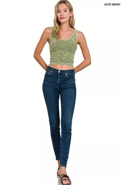 Zenana Washed Ribbed Seamless Cropped V - neck Tank Top - Bitsy Gypsy Boutique