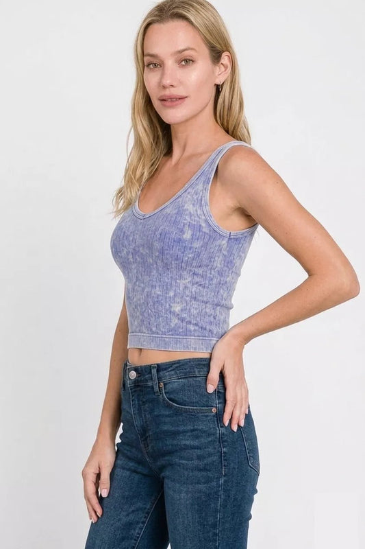 Zenana Washed Ribbed Seamless Cropped V - neck Tank Top - Bitsy Gypsy Boutique