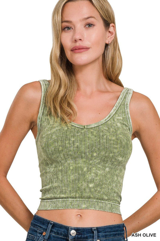 Zenana Washed Ribbed Seamless Cropped V - neck Tank Top - Bitsy Gypsy Boutique