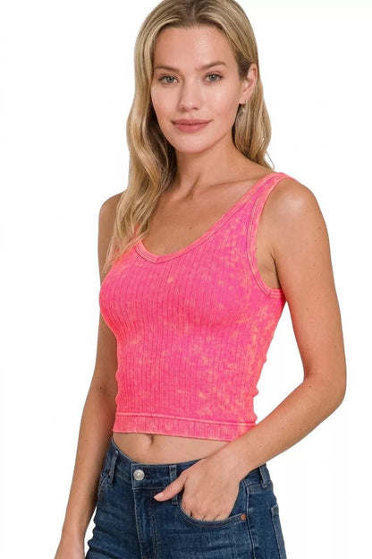 Zenana Washed Ribbed Seamless Cropped V - neck Tank Top - Bitsy Gypsy Boutique