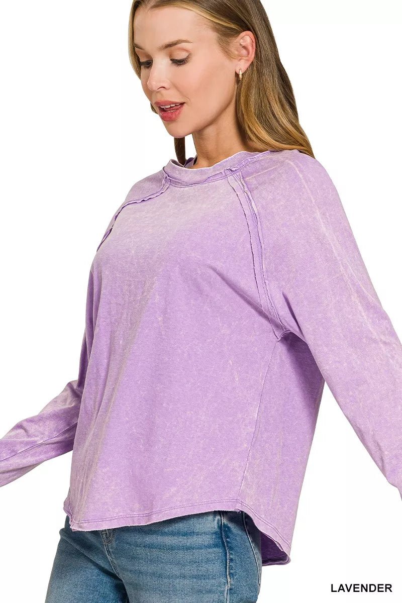 Zenana Washed Round Neck Long Sleeve Top - Bitsy Gypsy Boutique