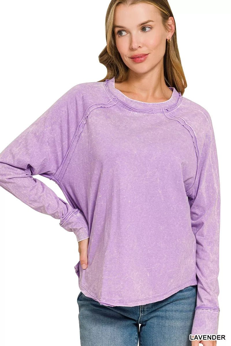 Zenana Washed Round Neck Long Sleeve Top - Bitsy Gypsy Boutique