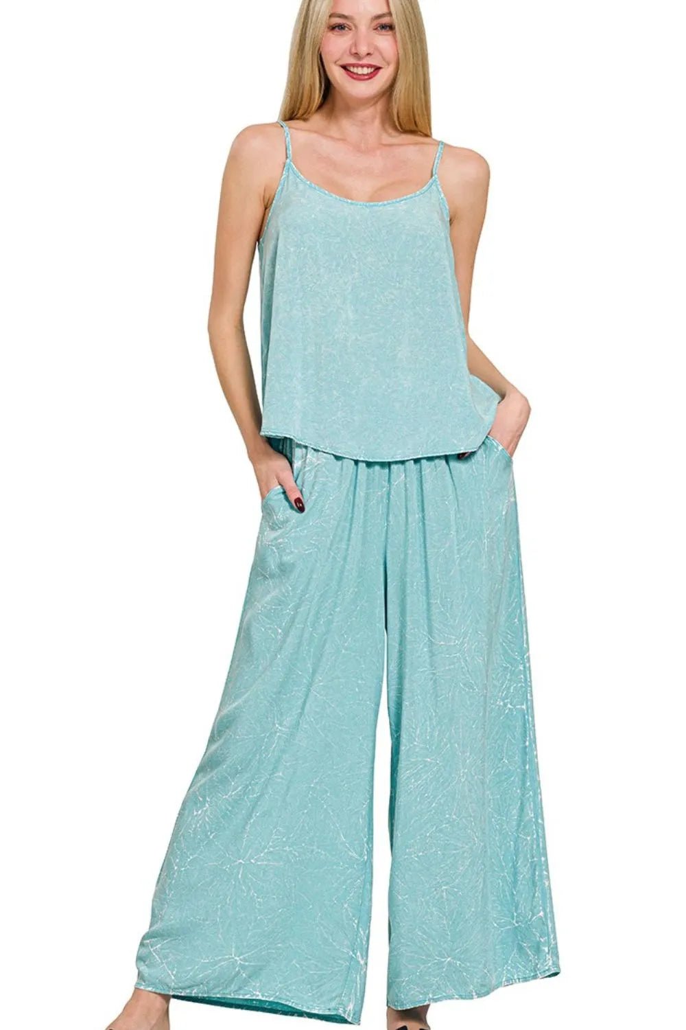 Zenana Woven Acid Crinkle Washed Cami & Pants 2 Piece Set - Bitsy Gypsy Boutique