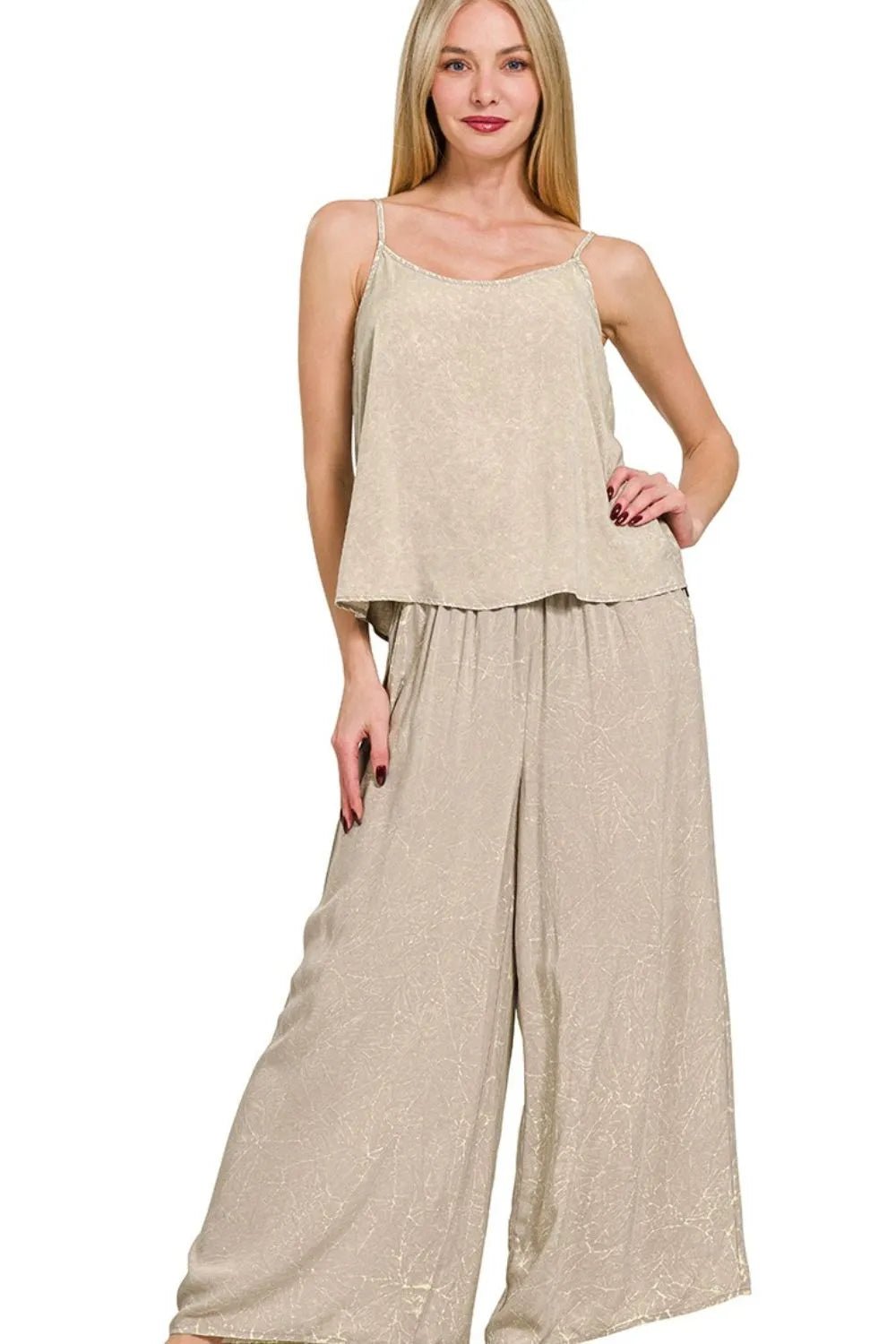 Zenana Woven Acid Crinkle Washed Cami & Pants 2 Piece Set - Bitsy Gypsy Boutique