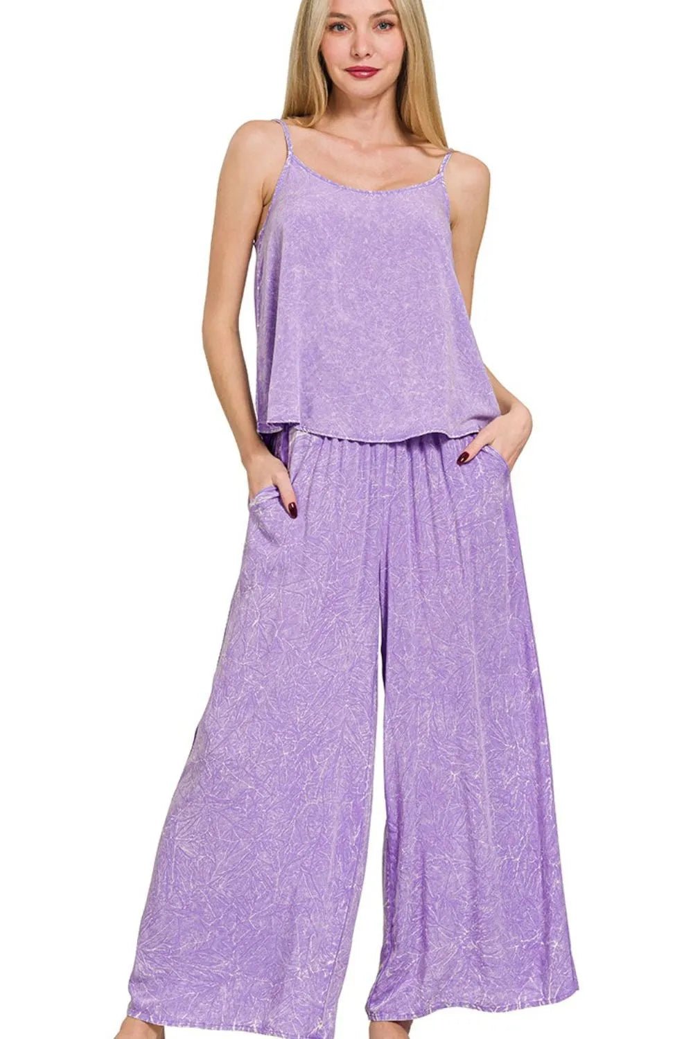 Zenana Woven Acid Crinkle Washed Cami & Pants 2 Piece Set - Bitsy Gypsy Boutique