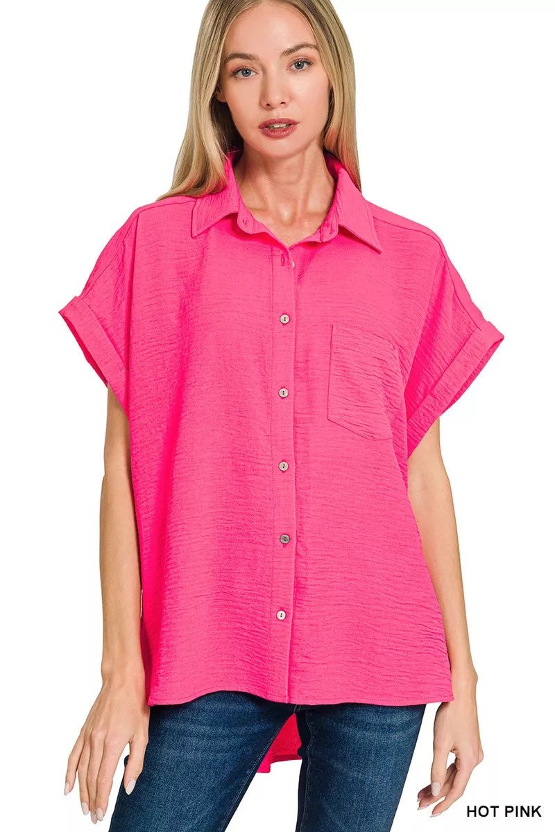 Zenana Woven Airflow Button Down Shirt - Bitsy Gypsy Boutique