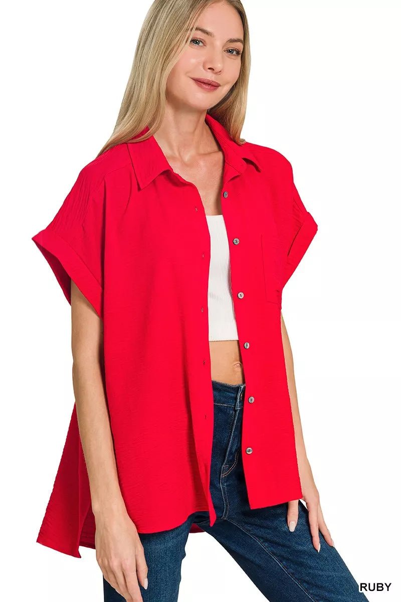 Zenana Woven Airflow Button Down Shirt - Bitsy Gypsy Boutique