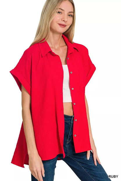 Zenana Woven Airflow Button Down Shirt - Bitsy Gypsy Boutique