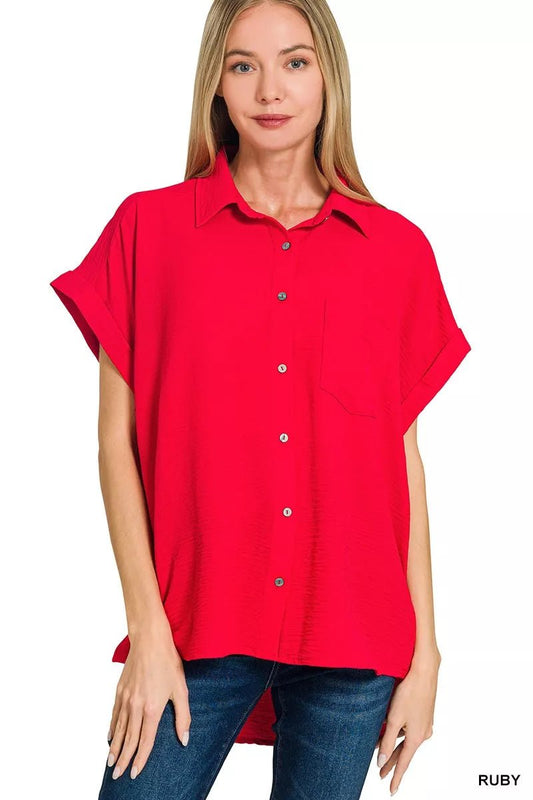Zenana Woven Airflow Button Down Shirt - Bitsy Gypsy Boutique