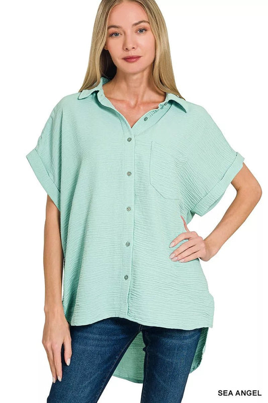 Zenana Woven Airflow Button Down Shirt - Bitsy Gypsy Boutique
