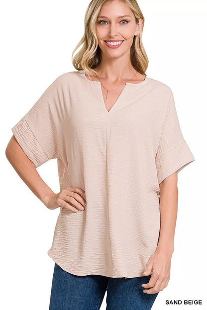 Zenana Woven Airflow Split Neck Short Sleeve Top - Bitsy Gypsy Boutique