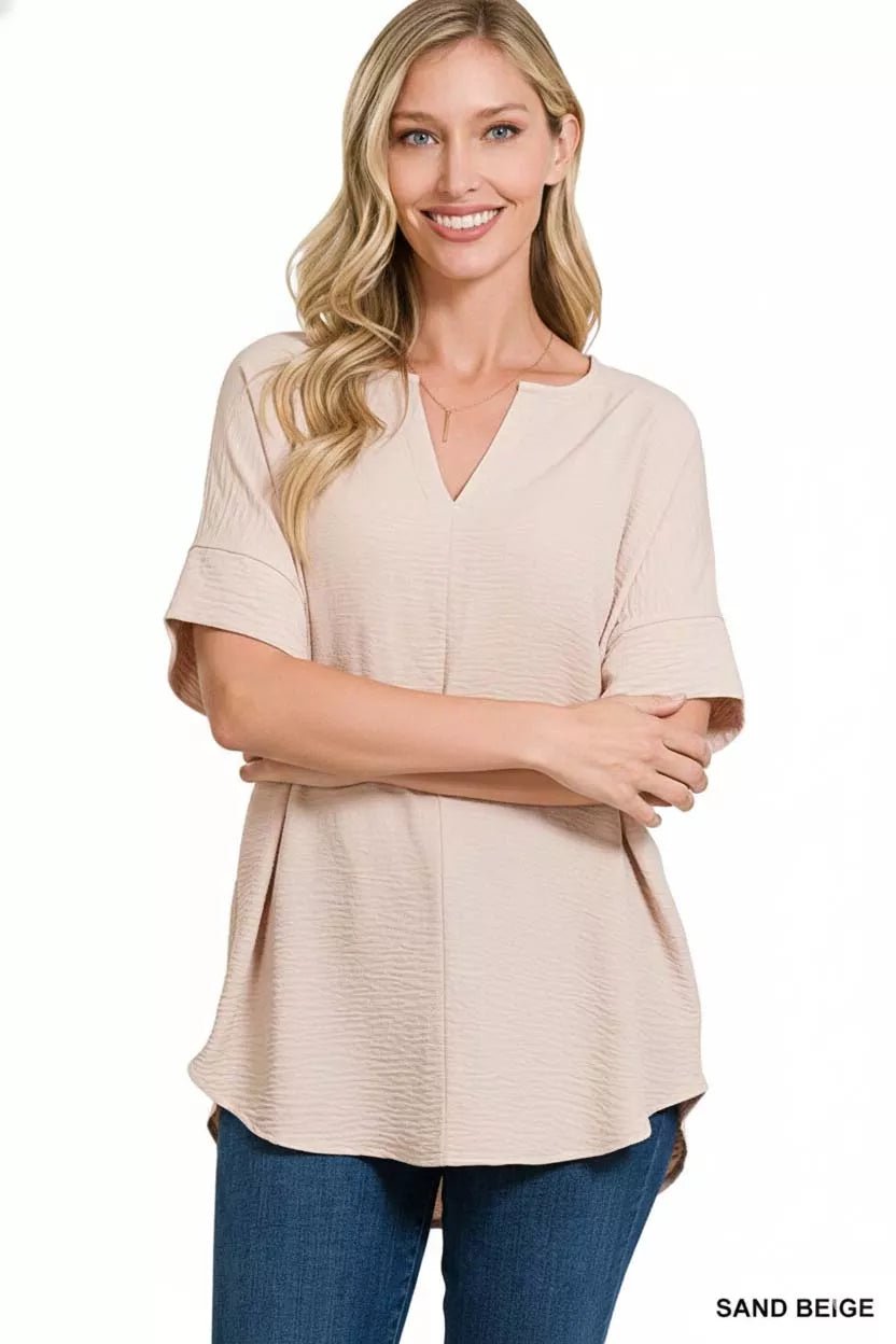 Zenana Woven Airflow Split Neck Short Sleeve Top - Bitsy Gypsy Boutique