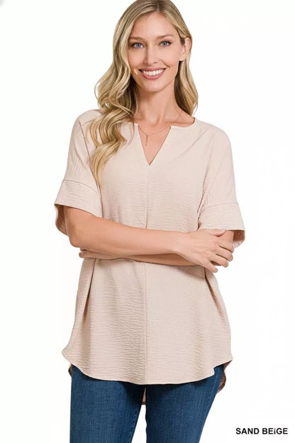 Zenana Woven Airflow Split Neck Short Sleeve Top - Bitsy Gypsy Boutique
