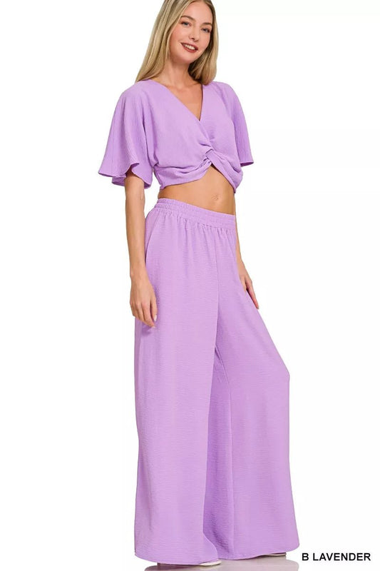 Zenana Woven Airflow Twisted Top & Wide Leg Pants Set - Bitsy Gypsy Boutique