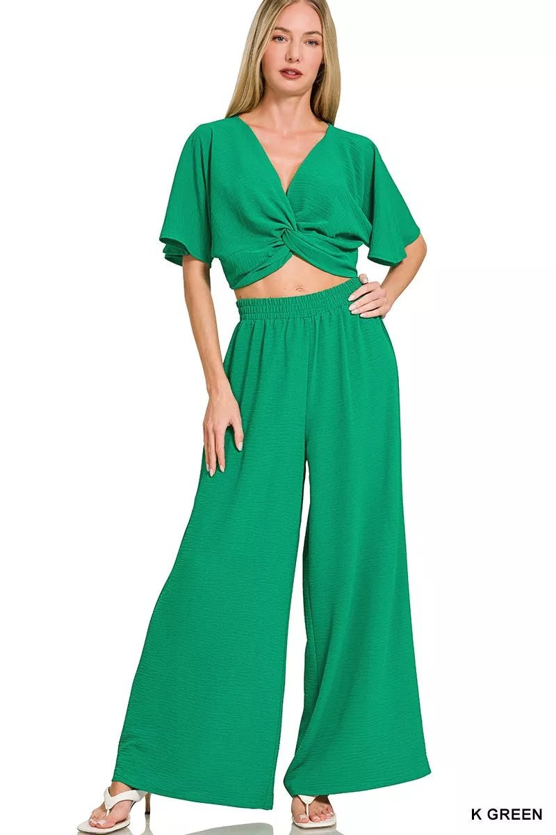 Zenana Woven Airflow Twisted Top & Wide Leg Pants Set - Bitsy Gypsy Boutique