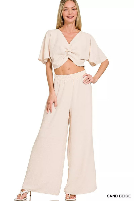 Zenana Woven Airflow Twisted Top & Wide Leg Pants Set - Bitsy Gypsy Boutique