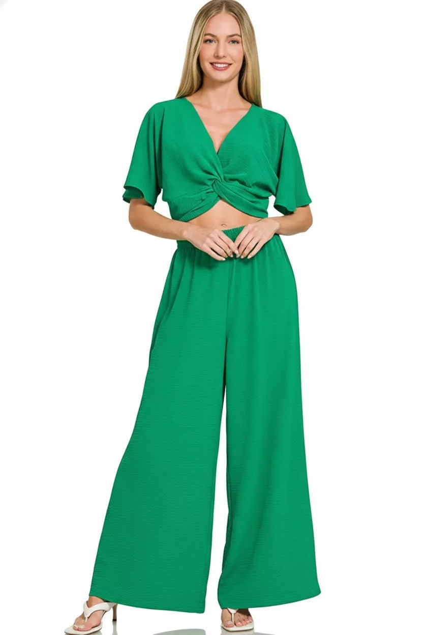 Zenana Woven Airflow Twisted Top & Wide Leg Pants Set - Bitsy Gypsy Boutique