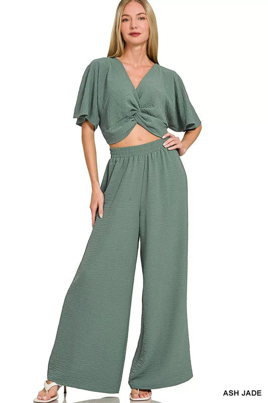Zenana Woven Airflow Twisted Top & Wide Leg Pants Set - Bitsy Gypsy Boutique