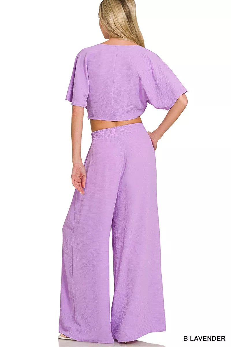 Zenana Woven Airflow Twisted Top & Wide Leg Pants Set - Bitsy Gypsy Boutique
