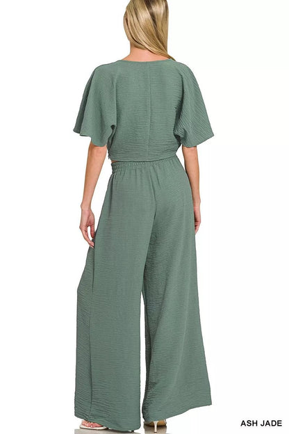 Zenana Woven Airflow Twisted Top & Wide Leg Pants Set - Bitsy Gypsy Boutique