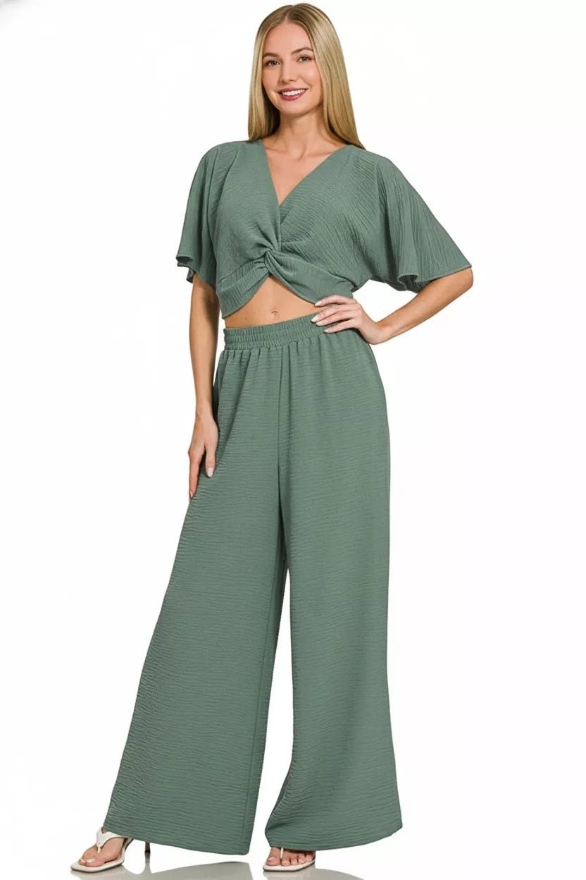 Zenana Woven Airflow Twisted Top & Wide Leg Pants Set - Bitsy Gypsy Boutique