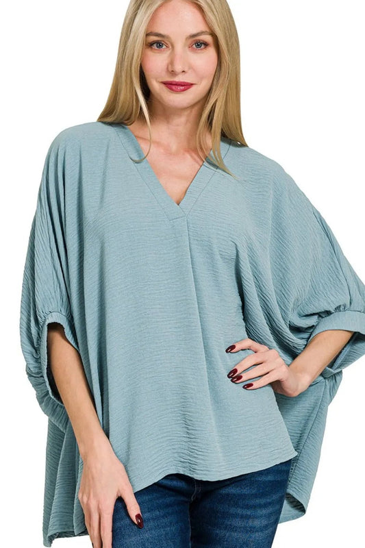 Zenana Woven Airflow V - neck Puff Half Sleeve Top - Bitsy Gypsy Boutique