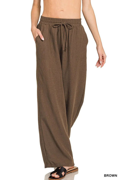 Zenana Woven Crepe Elastic Band Pants - Bitsy Gypsy Boutique