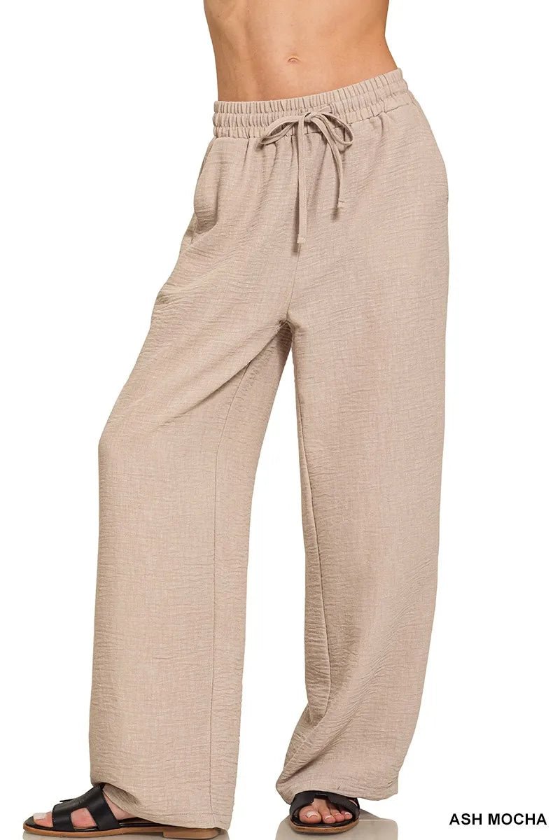 Zenana Woven Crepe Elastic Band Pants - Bitsy Gypsy Boutique