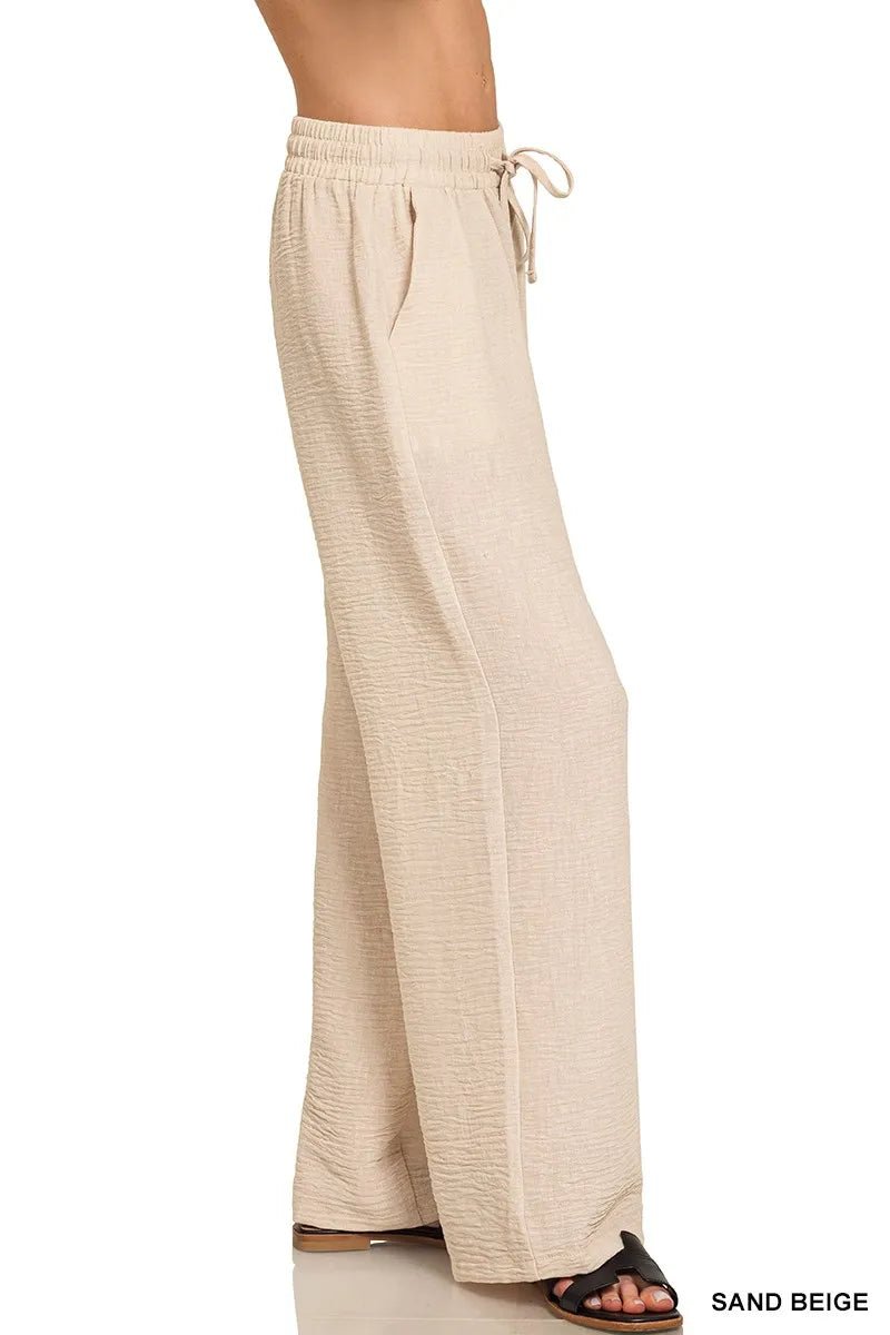 Zenana Woven Crepe Elastic Band Pants - Bitsy Gypsy Boutique