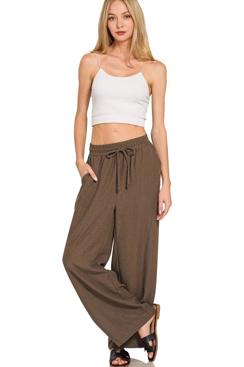 Zenana Woven Crepe Elastic Band Pants - Bitsy Gypsy Boutique