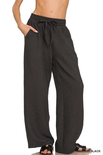 Zenana Woven Crepe Elastic Band Pants - Bitsy Gypsy Boutique