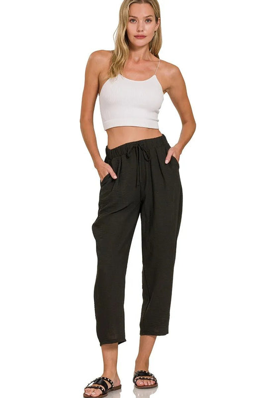 Zenana Woven Crepe Elastic Band Waist Pants - Bitsy Gypsy Boutique