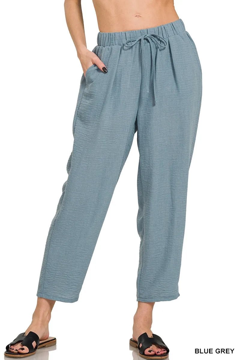 Zenana Woven Crepe Elastic Band Waist Pants - Bitsy Gypsy Boutique