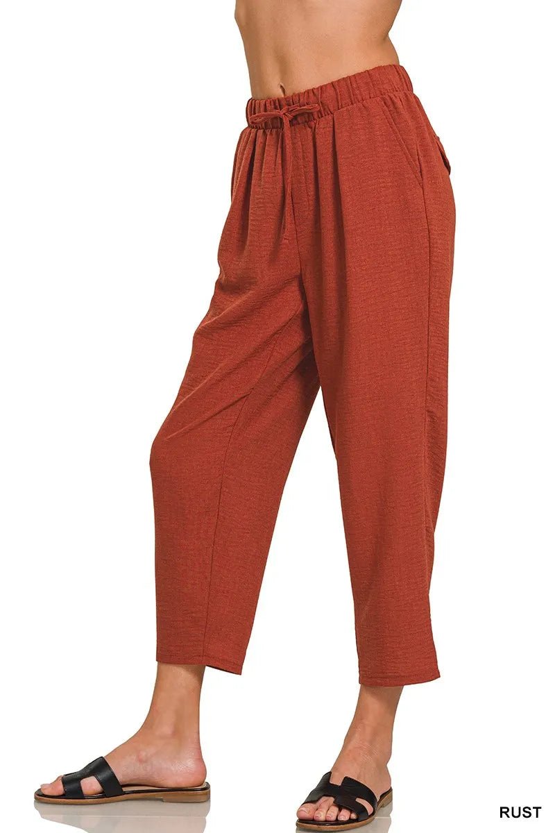 Zenana Woven Crepe Elastic Band Waist Pants - Bitsy Gypsy Boutique